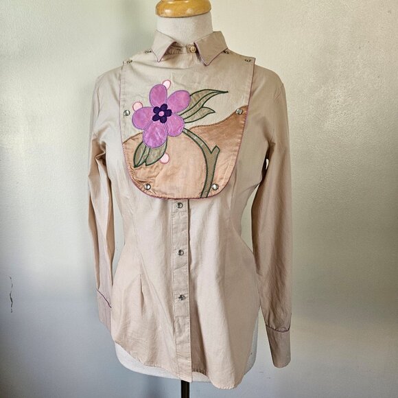 Vintage H&E Outfit Tan Purple Satin Floral Bib Pearl Snap Wester Shirt Size 10/M - Picture 1 of 8